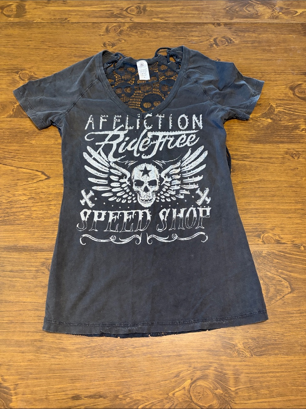 Affliction Black Women's 'Ride Free' Graphic V-Neck Tee with Lace Yoke